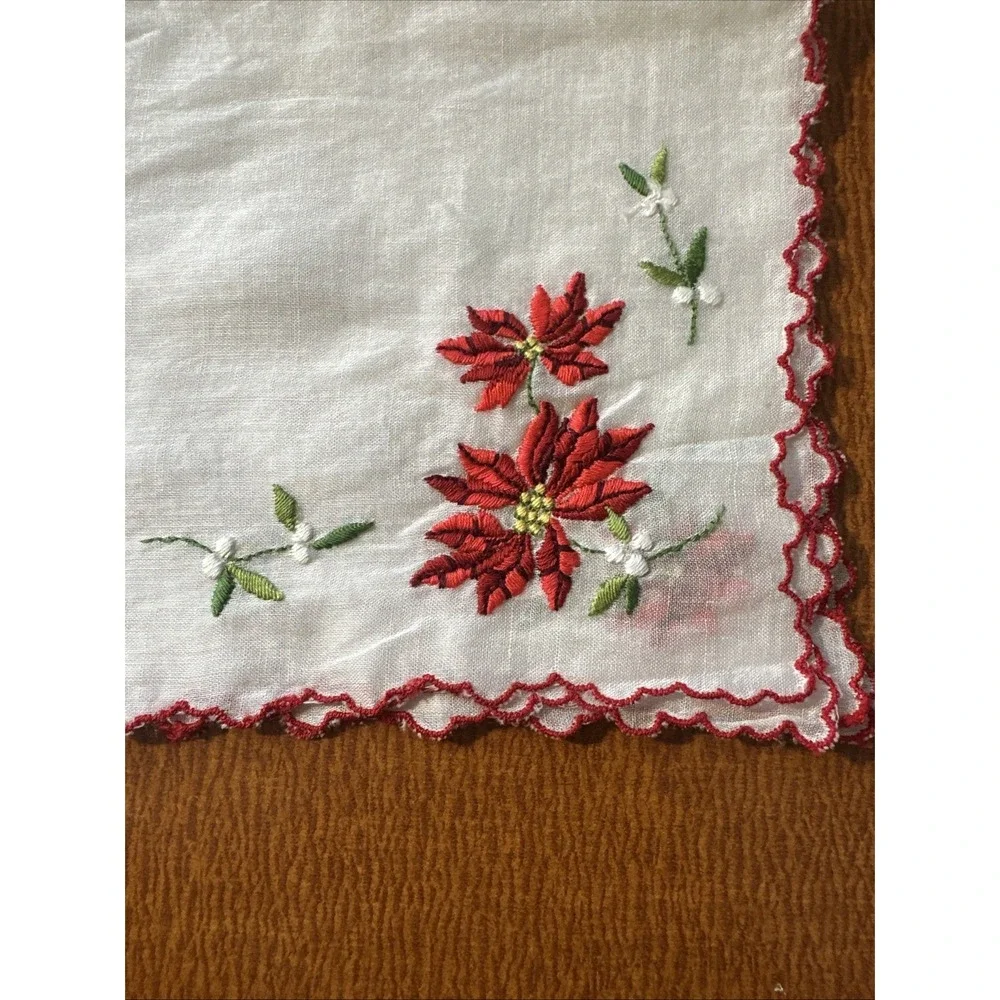 Vtg Embroidered Christmas Pointsetta Cotton handkerchief Unused